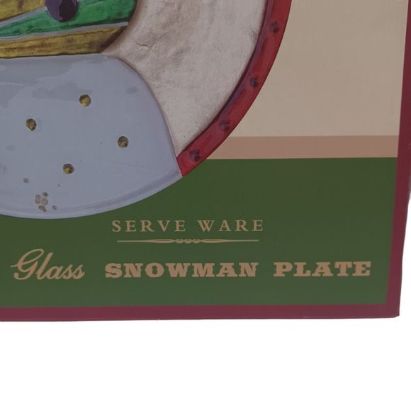 CRACKER BARREL Plaid Tidings Serveware GLASS SNOWMAN PLATE 12" with Original Box - Picture 4 of 5